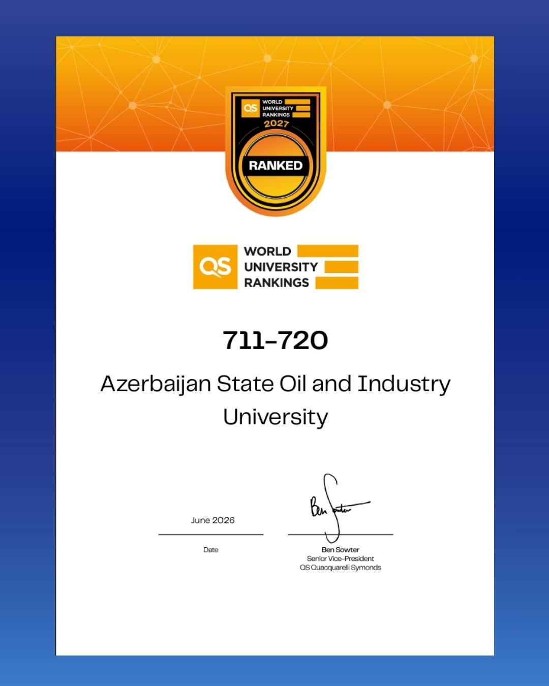 ADNSU QS Dünya Universitetləri Reytinqində 180 pillə irəliləyərək 711–ci yerə yüksəlib